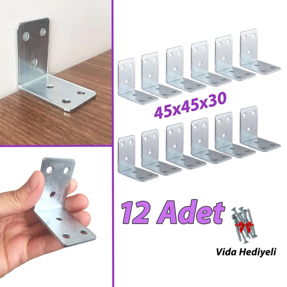 12 Adet Mobilya Eşya Dolap Duvar Sabitleyici Köşe Bağlantı L Demir Gönye Deprem Güvenliği 45x45x30mm ürün görseli 1