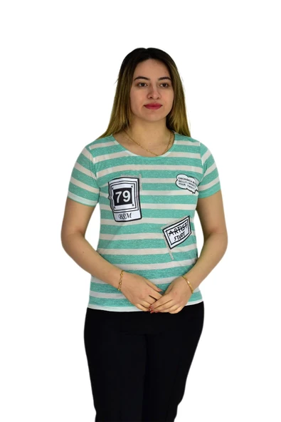 Kadın Çizğili Baskılı Tişört BGL1497 ürün görseli 1