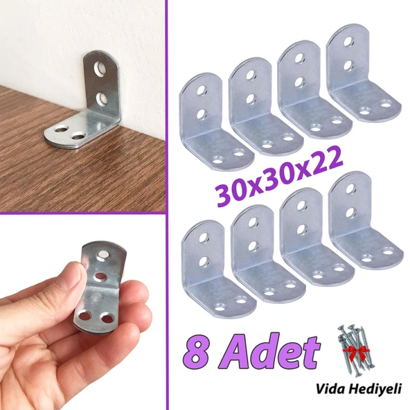 8 Adet Mobilya Eşya Dolap Duvar Sabitleyici Köşe Bağlantı L Demir Gönye Deprem Güvenliği 30x30x22mm ürün görseli 1