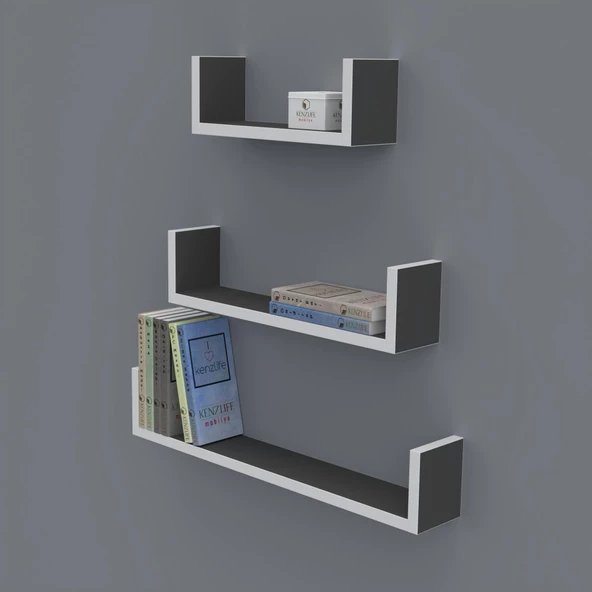 Kenzlife kitaplık müjgan 012*060-045-030*20 gri duvar rafı ürün görseli 1