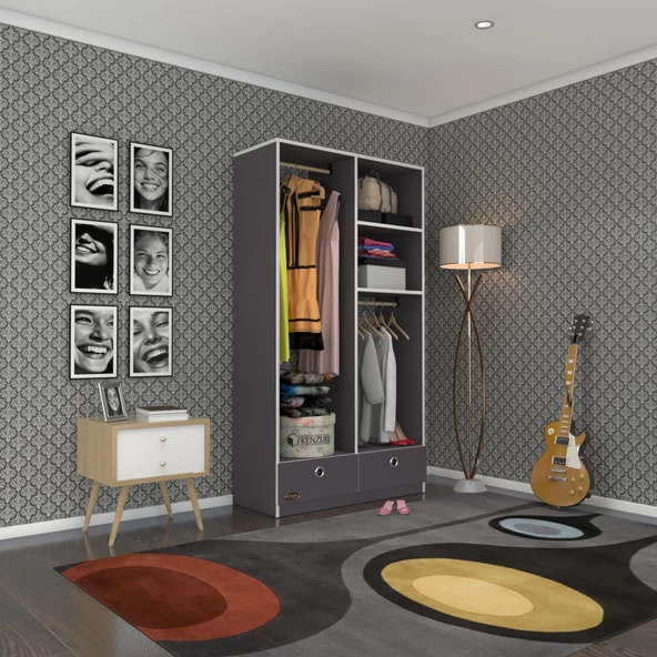 Kenzlife giysi dolabı 2 bölmeli 2 çekmeceli bedri 182*100*42 gri dolap kapaksız ürün görseli 1