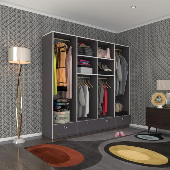 Kenzlife giysi dolabı 4 bölmeli 4 çekmeceli kamil 182*200*42 gri dolap kapaksız ürün görseli 1