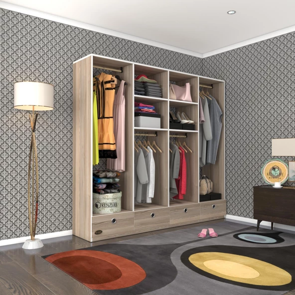 Kenzlife giysi dolabı 4 bölmeli 4 çekmeceli kamil 182*200*42 crd dolap kapaksız ürün görseli 1