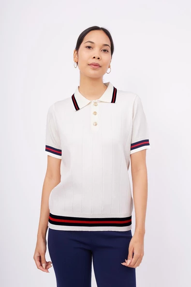 Styleboom X Peraluna LIZA BLOUSE Polo Yaka Kadın Triko Bluz - Ekru ürün görseli 1