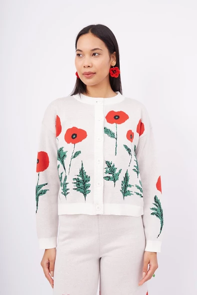 Peraluna POPPY CARDIGAN Gelincik Desenli Organik Pamuk Kadın Kısa Hırka - Ekru ürün görseli 1