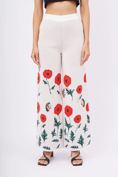 Peraluna POPPY TROUSER Gelincik Desen Organik Pamuk Kadın Pantolon - Ekru ürün görseli 1