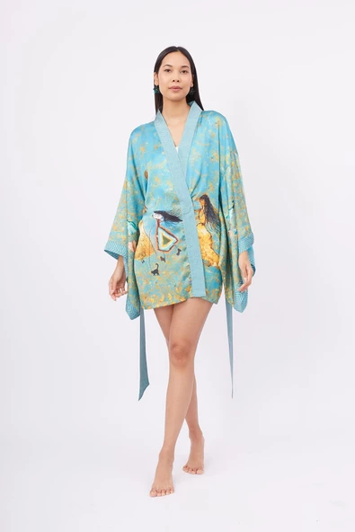 Peraluna JOY SHORT KIMONO Baskılı Saten Kadın Kısa Kimono - Turkuaz ürün görseli 1