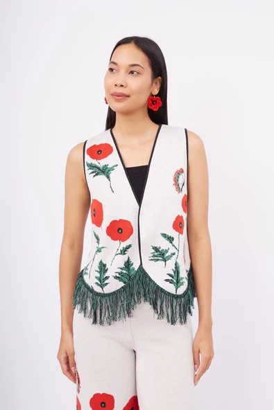 Peraluna POPPY WAISTCOAT Gelincik Desen V Yaka Eteği Püskül Detaylı Rahat Kesim Kadın Triko Yelek - Ekru Multi ürün görseli 1