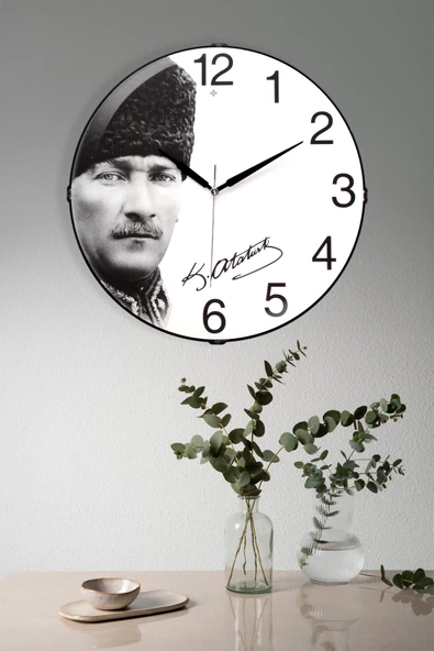 ATATÜRK BASKILI BOMBELİ CAM DUVAR SAATİ 35 CM ürün görseli 1