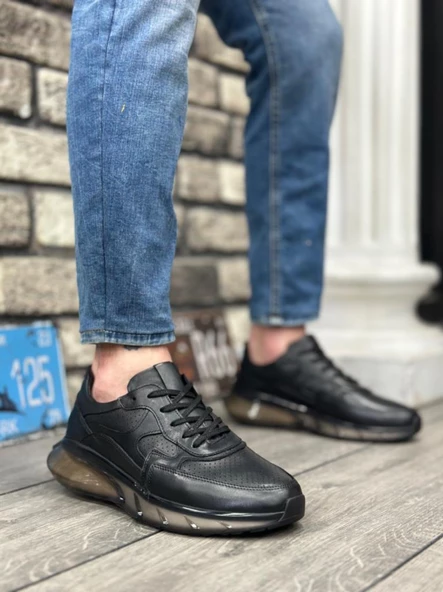 BA0324 İçi Dışı Hakiki Deri Rahat Taban Siyah Sneakers Casual Erkek Ayakkabı ürün görseli 1