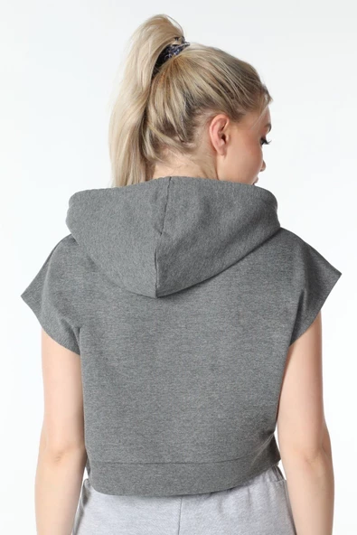 Kadın Baskılı Kapüşonlu Crop Sweat K.gri - Resim 5