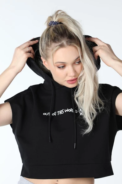 Kadın Baskılı Kapüşonlu Crop Sweat K.gri - Resim 10