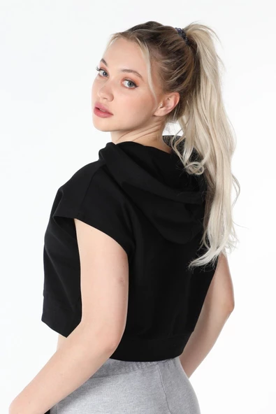 Kadın Baskılı Kapüşonlu Crop Sweat K.gri - Resim 7