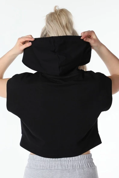 Kadın Baskılı Kapüşonlu Crop Sweat K.gri - Resim 9