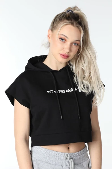 Kadın Baskılı Kapüşonlu Crop Sweat K.gri - Resim 8