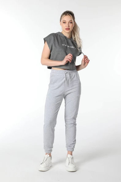 Kadın Baskılı Kapüşonlu Crop Sweat K.gri - Resim 3