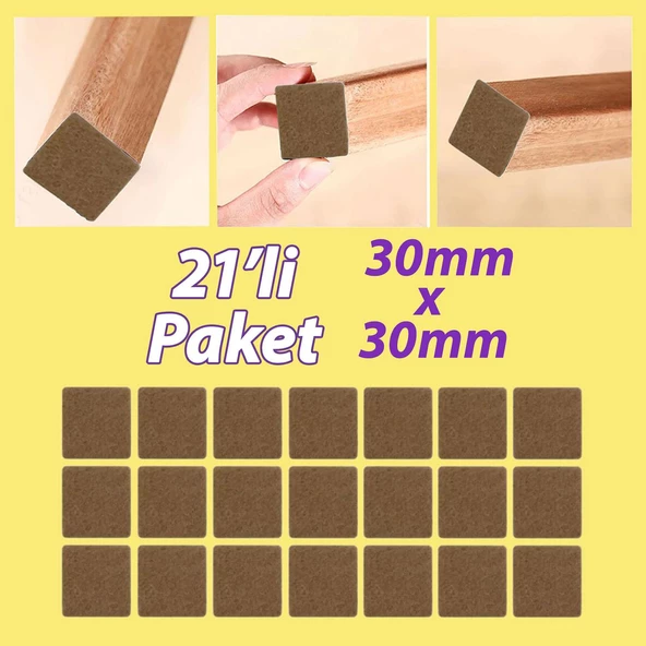Yapışkanlı Kare Keçe Masa Sandalye Parke Zemin Ayak Koruyucu Kaydırmaz Keçesi 30x30 mm (21'Lİ PAKET) ürün görseli 1