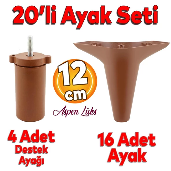 20'li Set Aspen Lüks Mobilya Kanepe Koltuk TV Ünitesi Yükseltici Destek Ayağı Ayakları 12 cm Kahve ürün görseli 1