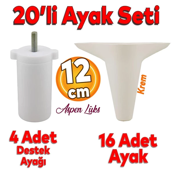 20'li Set Aspen Lüks Mobilya Kanepe Koltuk TV Ünitesi Yükseltici Destek Ayağı Ayakları 12 cm Krem ürün görseli 1