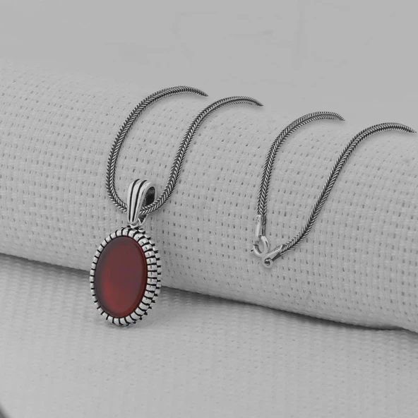 Kırmızı Akik Taşlı Oval 925 Ayar Erkek Gümüş Kolye ürün görseli 1