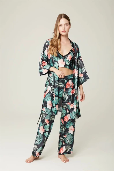 Saten Sabahlık Büstiyer Pantolon 3'lü Takım Ashley Darkgreenflower ürün görseli 1