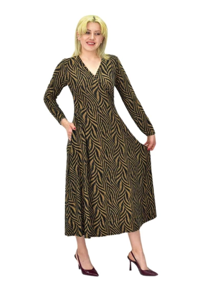Kadın Viskon Zebra Desenli  V Yaka Elbise BGL-ST03535 ürün görseli 1