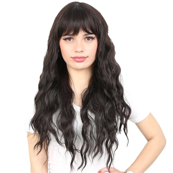 Perçemli Uzun Su Dalgası Fiber Sentetik Peruk- Kahverengi H7620-4-PM-14X ürün görseli 1