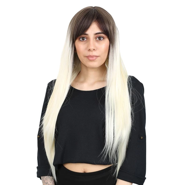 Fiber Sentetik Uzun Düz Kahküllü Peruk - Küllü Açık Kahve / Platin Ombreli H9630-8F613-PM-14X ürün görseli 1