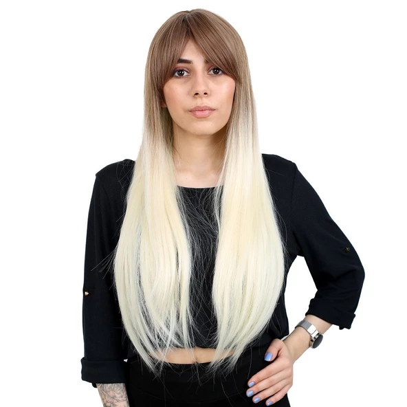 Fiber Sentetik Uzun Düz Kahküllü Peruk - Kumral / Platin Ombreli H9630-10F613-PM-14X ürün görseli 1