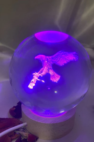 3D Led Işık Cam Küre Çok Işıklı Ahşap Kartal Kara Kartal Büyük Boy 8cm ürün görseli 1