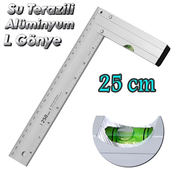 Alüminyum L Gönye Su Terazili Cetvel Kaynak Kaynakçı Marangoz Gönyesi 250 mm ürün görseli 1