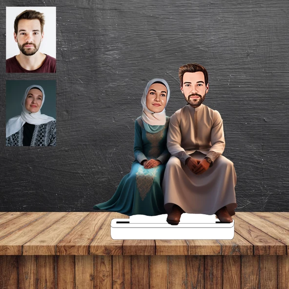 Tesettürlü Bayan Ve Eşi Karikatür Figürü,Sevgiliye Hediye,Doğum Günü Hediyesi ürün görseli 1