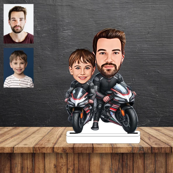 Motorcu Baba ve Oğlu Karikatür Figürü,Sevgiliye Hediye,Doğum Günü Hediyesi ürün görseli 1