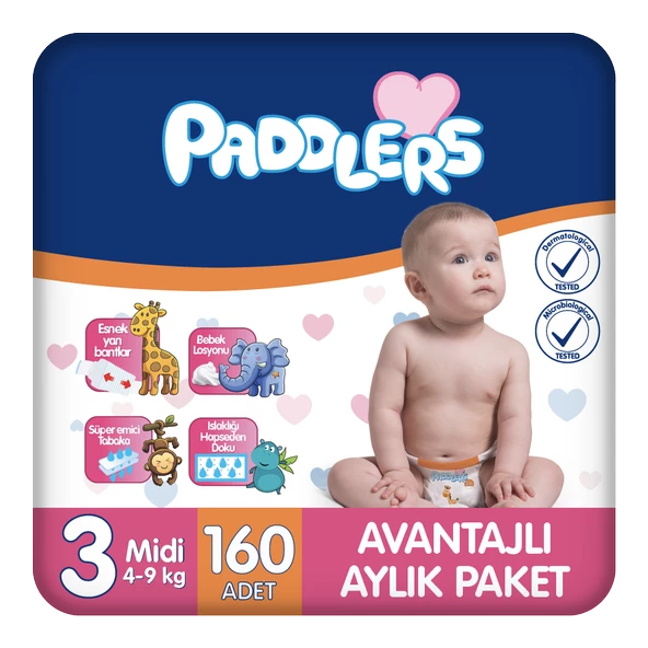 Paddlers Bebek Bezi 3 Numara Midi 160 Adet (4-9 Kg) Aylık Paket ürün görseli 1