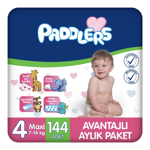Paddlers Bebek Bezi 4 Numara Maxi 144 Adet (8-19 Kg) Aylık Paket ürün görseli 1