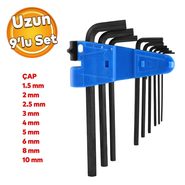Allen Alyan Siyah Anahtar Uzun 9'lu Set Köşeli Vida Sıkma Sökme Metal 1.5 2 2.5 3 4 5 6 8 10 mm ürün görseli 1