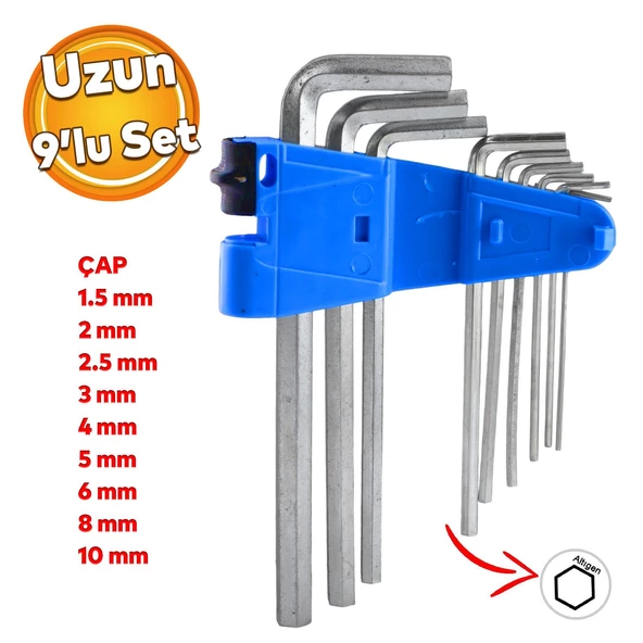 Allen Alyan Krom Anahtar Uzun 9'lu Set Altıgen Vida Sıkma Sökme Metal 1.5 2 2.5 3 4 5 6 8 10 mm ürün görseli 1