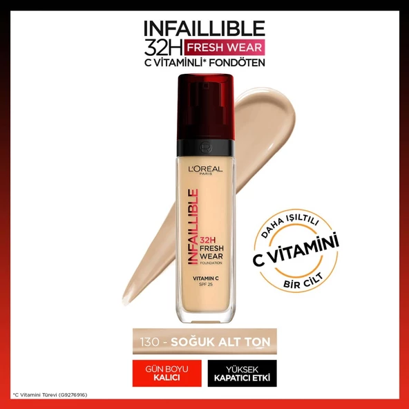 L'Oréal Paris Infaillible 32H Fresh Wear C Vitaminli Fondöten - 130 True Beige ürün görseli 1