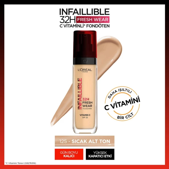 L'oréal Paris Infaillible 32H Fresh Wear C Vitaminli Fondöten - 125 Natural Beige ürün görseli 1