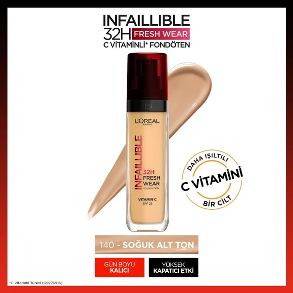 L'Oréal Paris Infaillible 32H Fresh Wear C Vitaminli Fondöten - 140 Golden Beige ürün görseli 1
