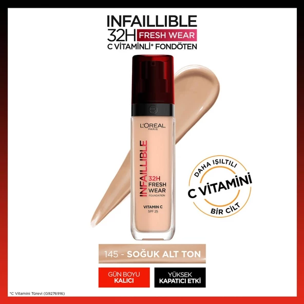 L'Oréal Paris Infaillible 32H Fresh Wear C Vitaminli Fondöten - 145 Rose Beige ürün görseli 1