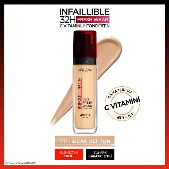 L'Oréal Paris Infaillible 32H Fresh Wear C Vitaminli Fondöten - 120 Golden Vanilla ürün görseli 1