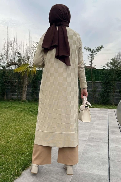 Dama Desenli Taş Triko Hırka - Resim 9