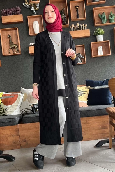 Dama Desenli Siyah Triko Hırka - Resim 5
