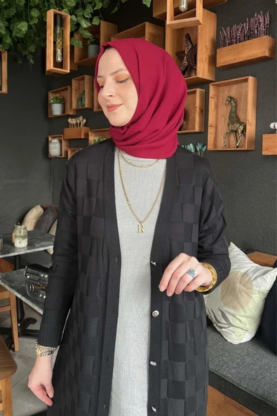 Dama Desenli Siyah Triko Hırka - Resim 2