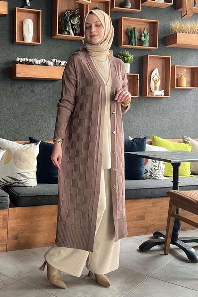Dama Desenli Sütlü Kahve Triko Hırka - Resim 12