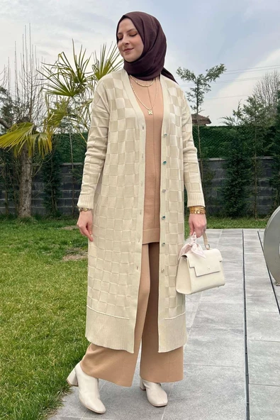 Dama Desenli Taş Triko Hırka - Resim 10