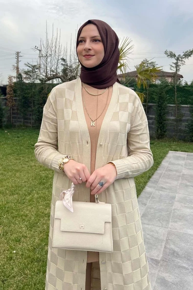 Dama Desenli Taş Triko Hırka - Resim 7