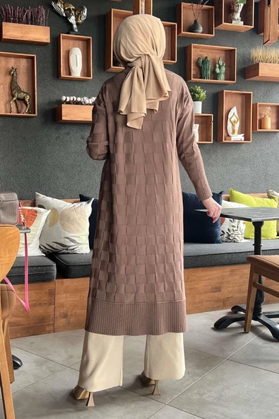 Dama Desenli Sütlü Kahve Triko Hırka - Resim 5