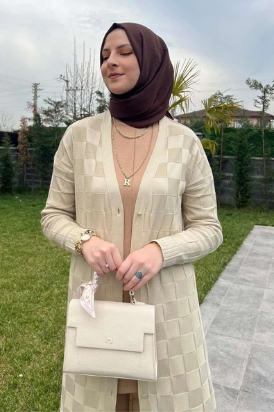 Dama Desenli Taş Triko Hırka - Resim 6